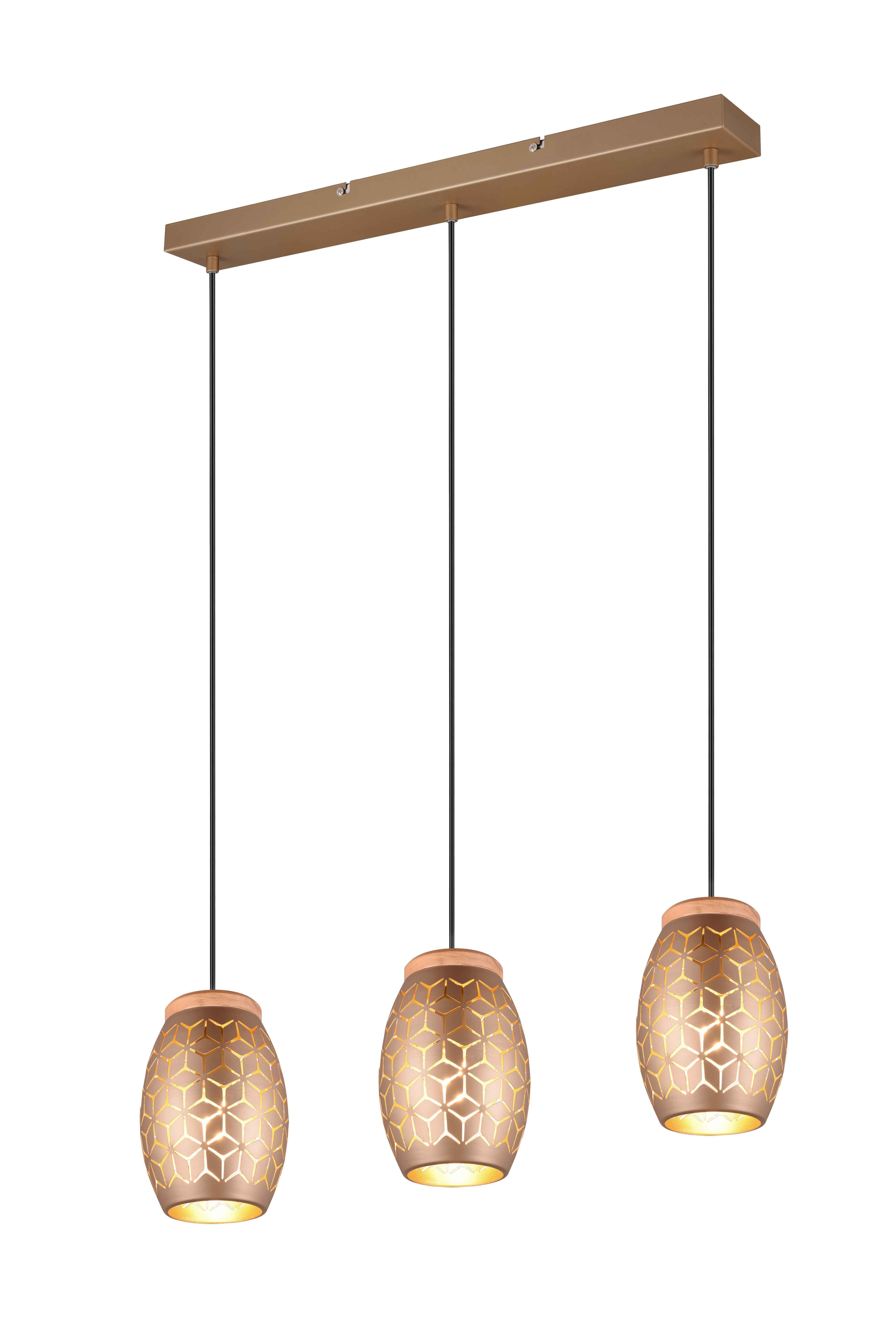 Lampada a sospensione 3 diffusori, metallo e legno, caffè, L 71 cm, Bidar