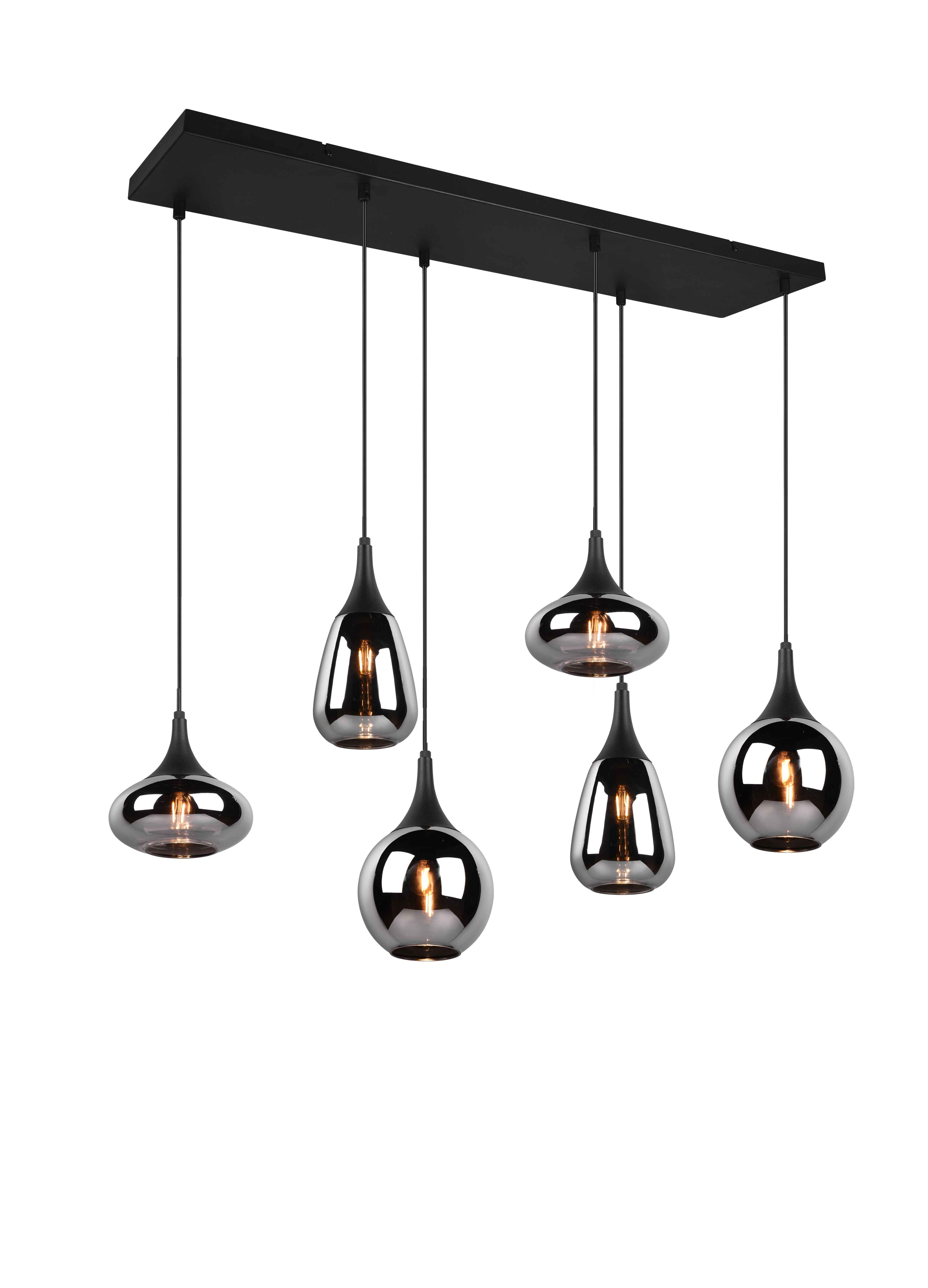 Lampada a sospensione 6 diffusori, metallo, nero e fumé, L 85 cm, Lumina